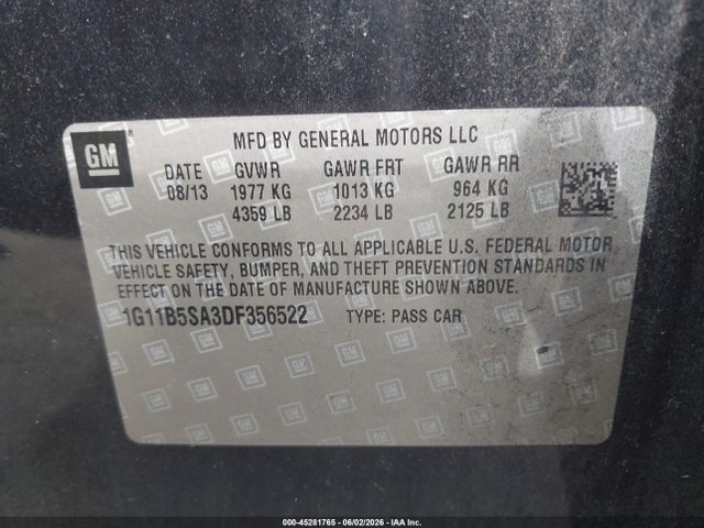 Продаж на аукціоні авто 2013 Chevrolet Malibu 1ls, vin: 1G11B5SA3DF356522, номер лоту: 45281765