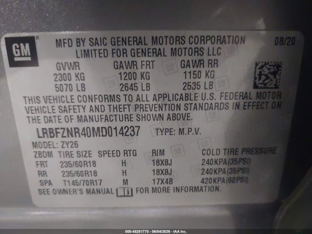 Aukcja sprzedaży 2021 Buick Envision Fwd Essence, vin: LRBFZNR40MD014237, numer aukcji: 45281770
