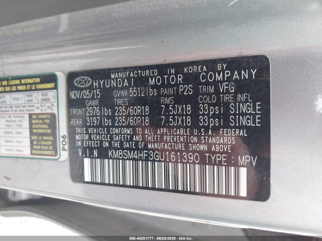 Продажа на аукционе авто 2016 Hyundai Santa Fe Se, vin: KM8SM4HF3GU161390, номер лота: 45281777
