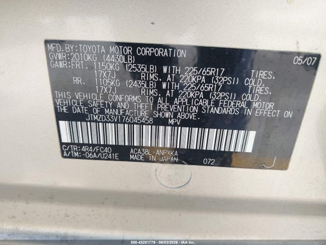 Aukcja sprzedaży 2007 Toyota Rav4, vin: JTMZD33V176045458, numer aukcji: 45281779