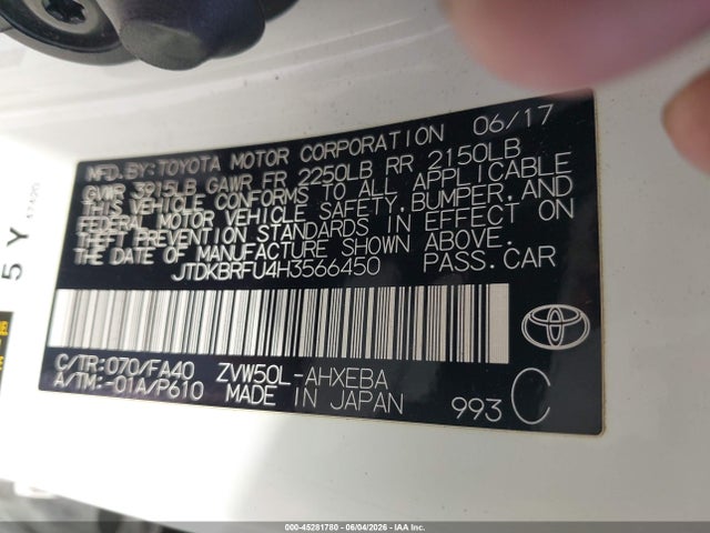 Продажа на аукционе авто 2017 Toyota Prius Two, vin: JTDKBRFU4H3566450, номер лота: 45281780