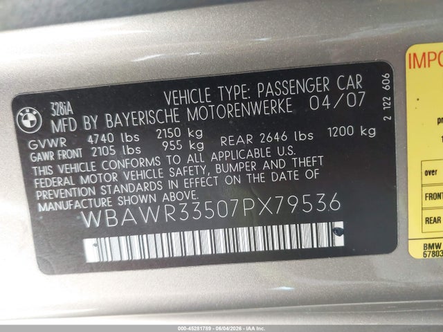 Aukcja sprzedaży 2007 Bmw 328i, vin: WBAWR33507PX79536, numer aukcji: 45281789