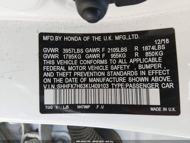 Honda CIVIC EX 2019 SHHFK7H63KU409103 Image 9