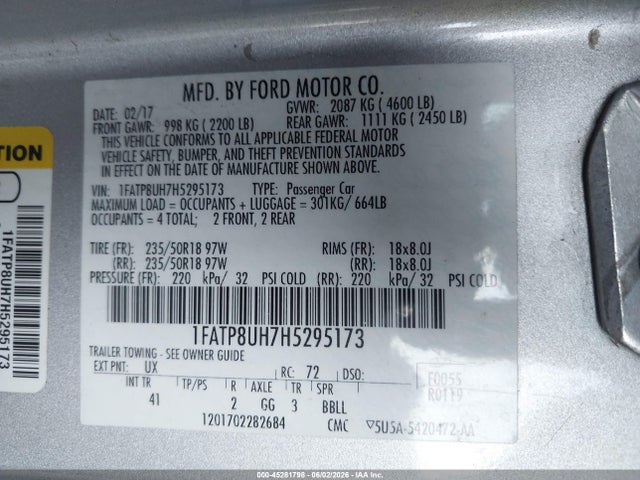 Продаж на аукціоні авто 2017 Ford Mustang Ecoboost Premium, vin: 1FATP8UH7H5295173, номер лоту: 45281798