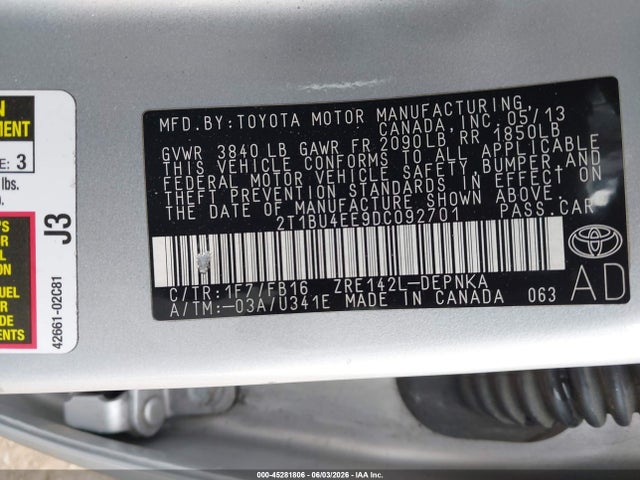 Auction sale of the 2013 Toyota Corolla Le, vin: 2T1BU4EE9DC092701, lot number: 45281806