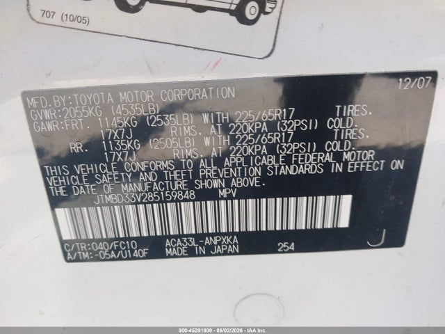 Aukcja sprzedaży 2008 Toyota Rav4, vin: JTMBD33V285159848, numer aukcji: 45281809