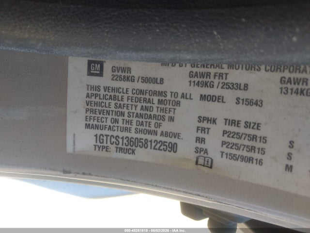 Aukcja sprzedaży 2005 Gmc Canyon Sle, vin: 1GTCS136058122590, numer aukcji: 45281819