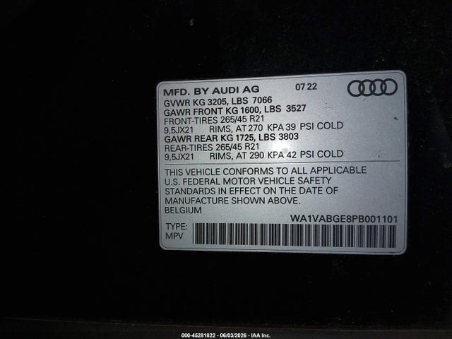 Продажа на аукционе авто 2023 Audi E-tron Premiumwe, vin: WA1VABGE8PB001101, номер лота: 45281822