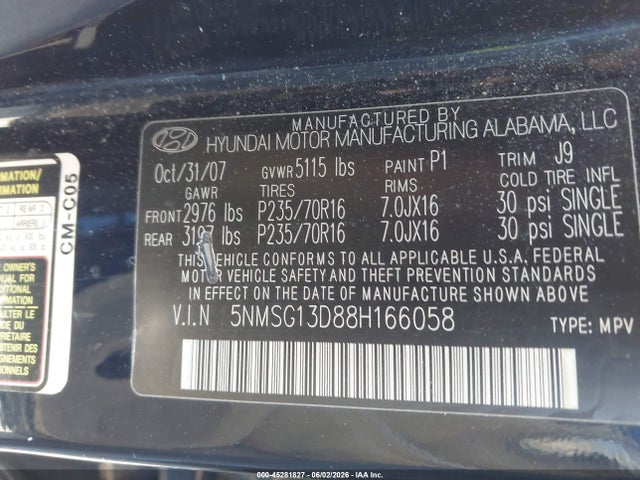 Auction sale of the 2008 Hyundai Santa Fe Gls, vin: 5NMSG13D88H166058, lot number: 45281827