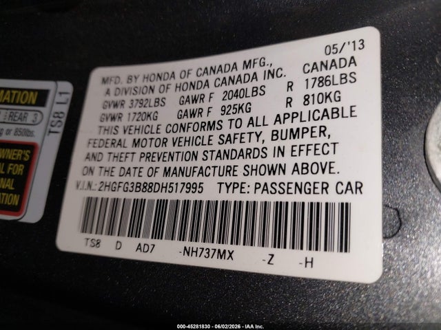 2013 Honda Civic Ex მანქანა იყიდება აუქციონზე, vin: 2HGFG3B88DH517995, აუქციონის ნომერი: 45281830