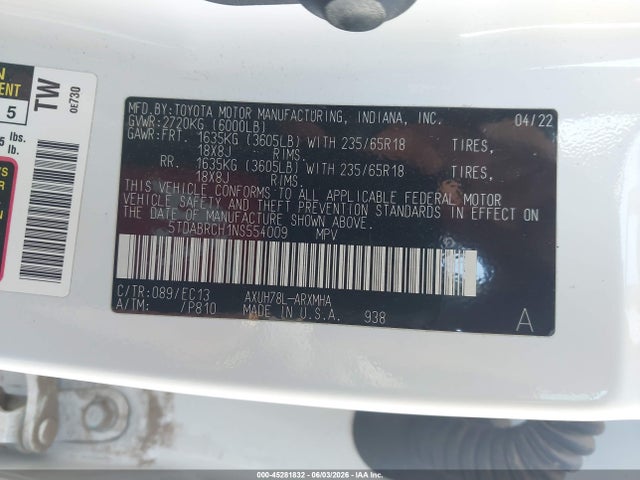 Продажа на аукционе авто 2022 Toyota Highlander Hybrid Xle Bronze Edition, vin: 5TDABRCH1NS554009, номер лота: 45281832