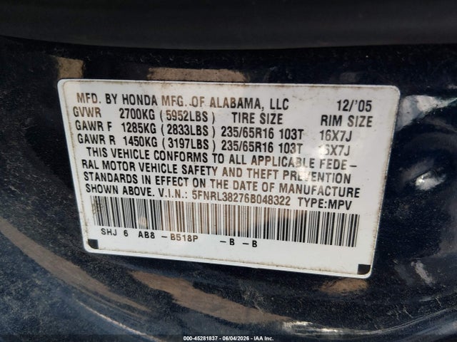 Aukcja sprzedaży 2006 Honda Odyssey Lx, vin: 5FNRL38276B048322, numer aukcji: 45281837