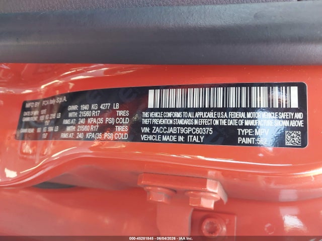 45281845 :رقم المزاد ، ZACCJABT9GPC60375 vin ، 2016 Jeep Renegade Latitude مزاد بيع