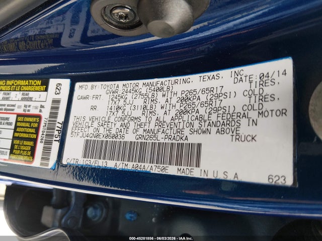 45281856 :رقم المزاد ، 5TFJU4GN0EX060036 vin ، 2014 Toyota Tacoma Prerunner V6 مزاد بيع