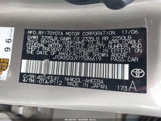 45281857 :رقم المزاد ، JTDKB20U977586619 vin ، 2007 Toyota Prius Touring مزاد بيع