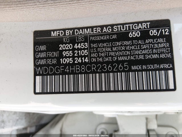 45281864 :رقم المزاد ، WDDGF4HB8CR236265 vin ، 2012 Mercedes-benz C 250 Luxury/sport مزاد بيع