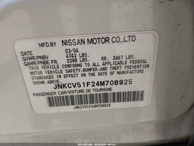2004 Infiniti G35x მანქანა იყიდება აუქციონზე, vin: JNKCV51F24M708925, აუქციონის ნომერი: 45281865