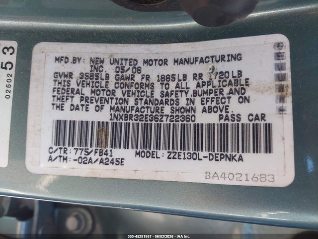 Продажа на аукционе авто 2006 Toyota Corolla Le, vin: 1NXBR32E36Z722360, номер лота: 45281867
