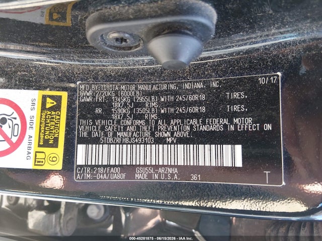 Aukcja sprzedaży 2018 Toyota Highlander Le Plus, vin: 5TDBZRFH8JS493103, numer aukcji: 45281875