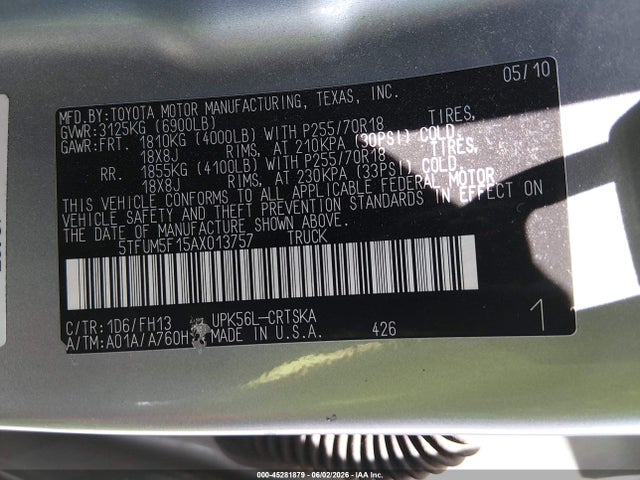 Aukcja sprzedaży 2010 Toyota Tundra Grade 4.6l V8, vin: 5TFUM5F15AX013757, numer aukcji: 45281879