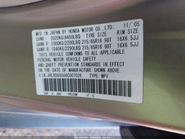 Aukcja sprzedaży 2006 Honda Cr-v Lx, vin: JHLRD68566C007026, numer aukcji: 45281881