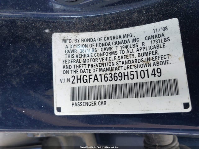 2009 Honda Civic Vp მანქანა იყიდება აუქციონზე, vin: 2HGFA16369H510149, აუქციონის ნომერი: 45281882