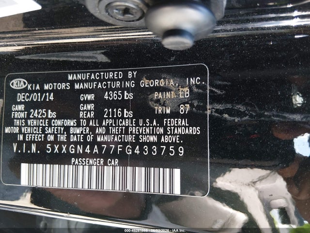 2015 Kia Optima Ex მანქანა იყიდება აუქციონზე, vin: 5XXGN4A77FG433759, აუქციონის ნომერი: 45281885