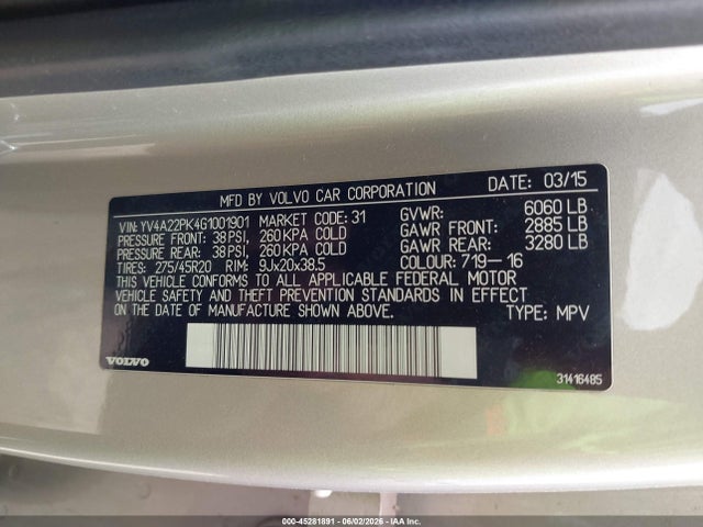 Продаж на аукціоні авто 2016 Volvo Xc90 T6 Momentum, vin: YV4A22PK4G1001901, номер лоту: 45281891