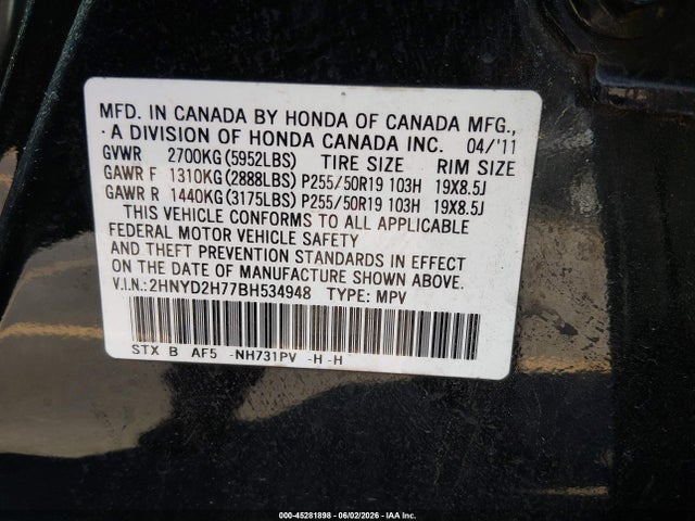 2011 Acura Mdx Advance Package მანქანა იყიდება აუქციონზე, vin: 2HNYD2H77BH534948, აუქციონის ნომერი: 45281898