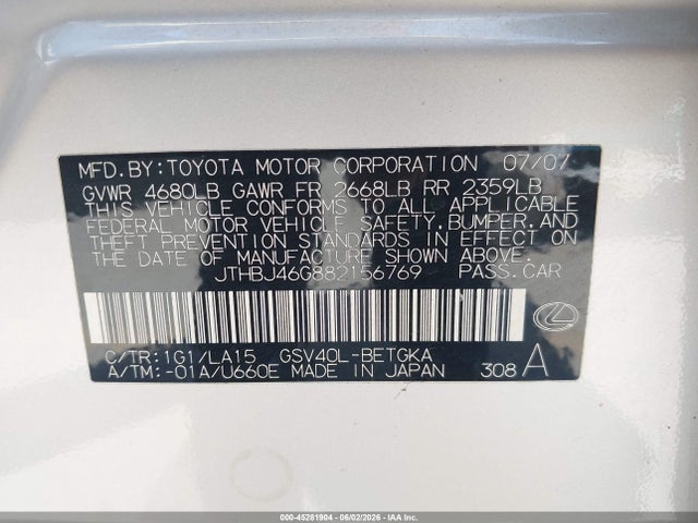 Aukcja sprzedaży 2008 Lexus Es 350, vin: JTHBJ46G882156769, numer aukcji: 45281904