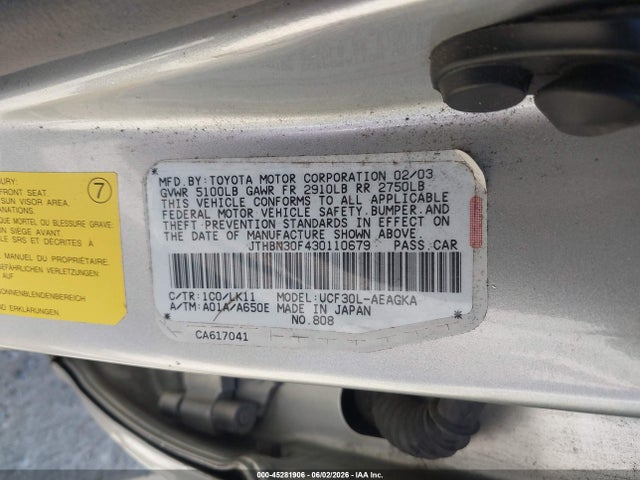 Aukcja sprzedaży 2003 Lexus Ls 430, vin: JTHBN30F430110679, numer aukcji: 45281906