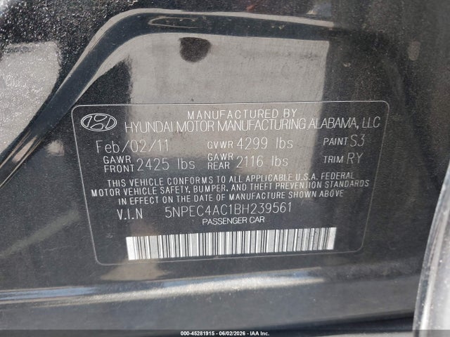 Продаж на аукціоні авто 2011 Hyundai Sonata Se, vin: 5NPEC4AC1BH239561, номер лоту: 45281915