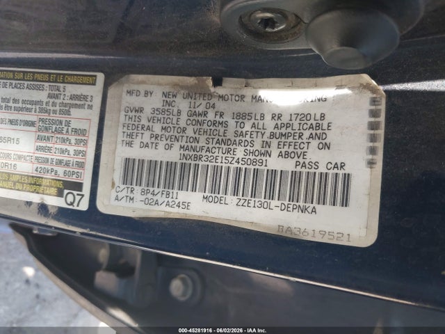 Продаж на аукціоні авто 2005 Toyota Corolla Le, vin: 1NXBR32E15Z450891, номер лоту: 45281916