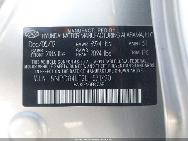 2020 Hyundai Elantra Sel მანქანა იყიდება აუქციონზე, vin: 5NPD84LF2LH571790, აუქციონის ნომერი: 45281919