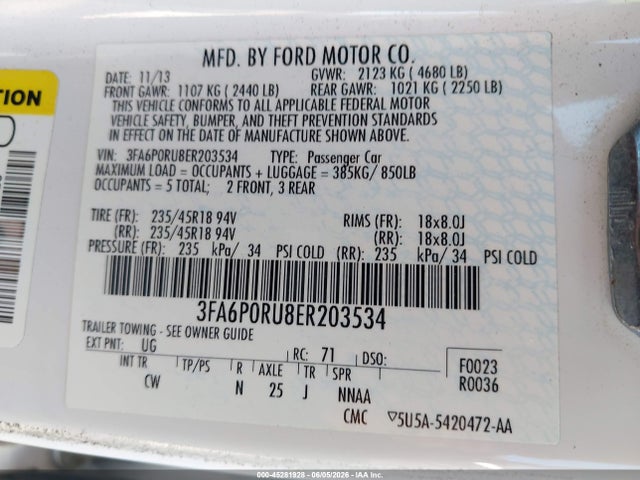 2014 Ford Fusion Hybrid Titanium მანქანა იყიდება აუქციონზე, vin: 3FA6P0RU8ER203534, აუქციონის ნომერი: 45281928