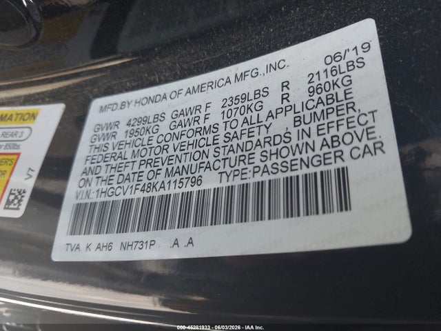 1HGCV1F48KA115796 Honda ACCORD EX