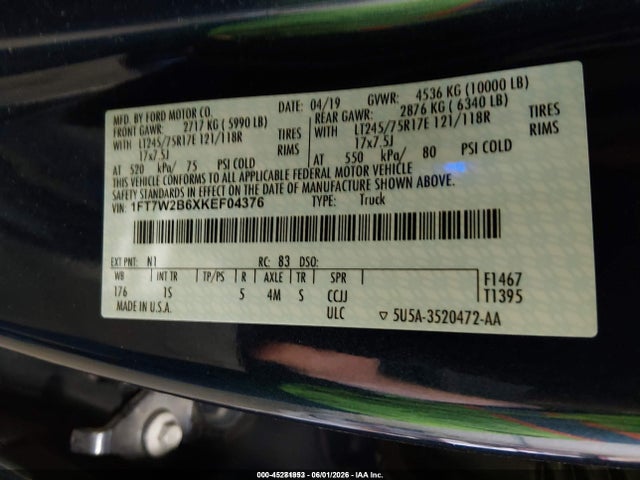 Aukcja sprzedaży 2019 Ford F-250 Xl, vin: 1FT7W2B6XKEF04376, numer aukcji: 45281953