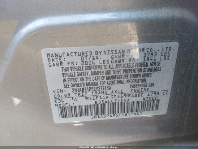 45281960 :رقم المزاد ، 3N1AB7AP5EY277469 vin ، 2014 Nissan Sentra S مزاد بيع