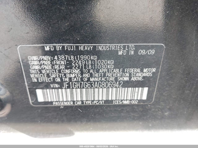 Продаж на аукціоні авто 2010 Subaru Impreza Wrx, vin: JF1GH7G63AG806942, номер лоту: 45281964