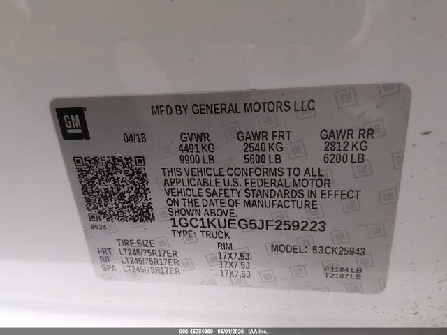 45281969 :رقم المزاد ، 1GC1KUEG5JF259223 vin ، 2018 Chevrolet Silverado 2500hd Wt مزاد بيع