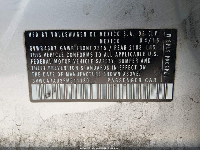 45281974 :رقم المزاد ، 3VWCA7AU3FM511130 vin ، 2015 Volkswagen Golf Sportwagen Tdi S 4-door مزاد بيع