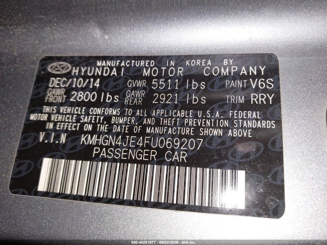 Aukcja sprzedaży 2015 Hyundai Genesis 3.8, vin: KMHGN4JE4FU069207, numer aukcji: 45281977
