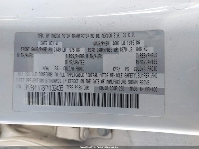 Aukcja sprzedaży 2015 Mazda Mazda3, vin: 3MZBM1V78FM132435, numer aukcji: 45281978