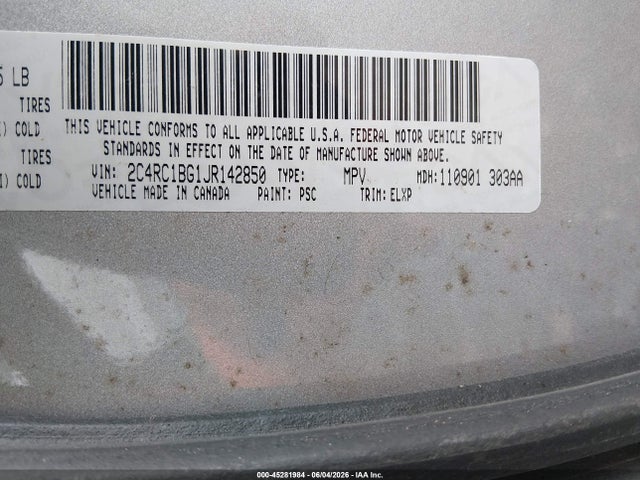 Aukcja sprzedaży 2018 Chrysler Pacifica Touring L, vin: 2C4RC1BG1JR142850, numer aukcji: 45281984