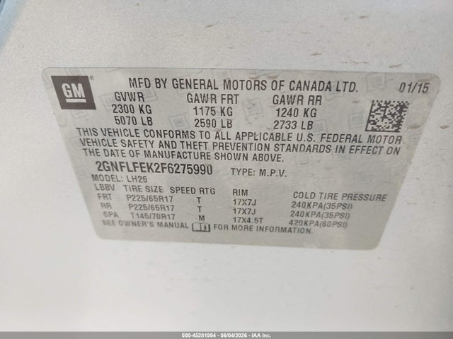 Продаж на аукціоні авто 2015 Chevrolet Equinox 1lt, vin: 2GNFLFEK2F6275990, номер лоту: 45281994