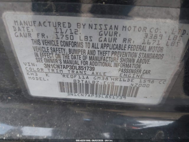 Продажа на аукционе авто 2013 Nissan Versa 1.6 Sv, vin: 3N1CN7AP3DL851739, номер лота: 45281999