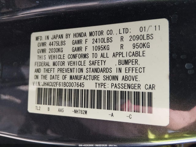 45282005 :رقم المزاد ، JH4CU2F61BC007645 vin ، 2011 Acura Tsx 2.4 مزاد بيع