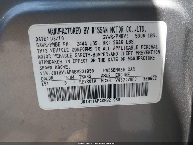 45282012 :رقم المزاد ، JN1BY1AP4BM321959 vin ، 2011 Infiniti M37 مزاد بيع