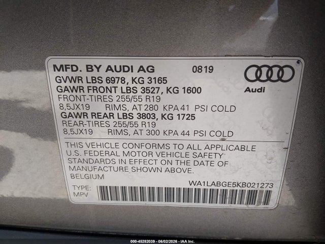 Продажа на аукционе авто 2019 Audi E-tron Premium Plus, vin: WA1LABGE5KB021273, номер лота: 45282039