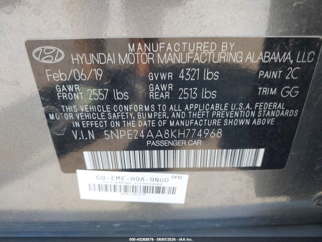 Aukcja sprzedaży 2019 Hyundai Sonata Eco, vin: 5NPE24AA8KH774968, numer aukcji: 45282079